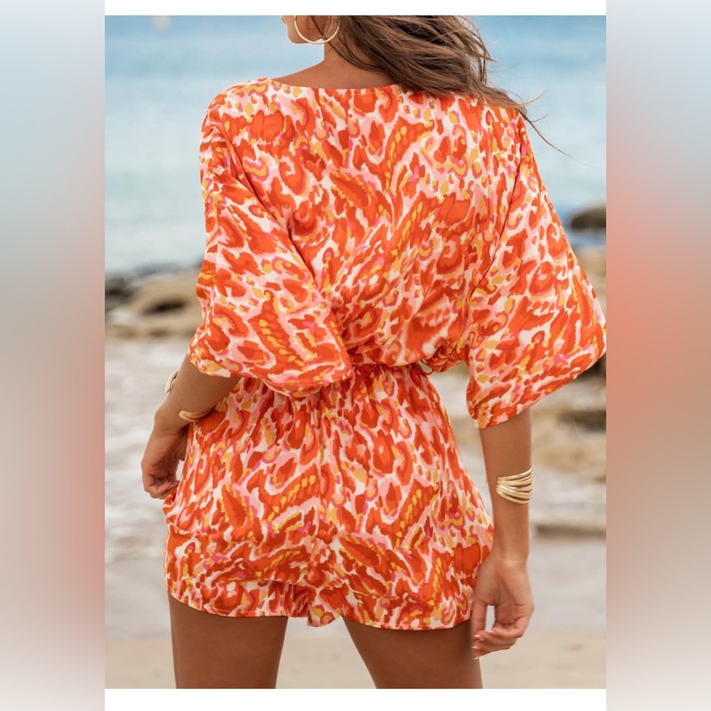 Tropical Sunset Romper Womens S Orange Pink Leopard Print Resort Vibes - Picture 3 of 11